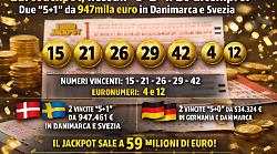 Eurojackpot, la Scandinavia festeggia: due vincite da un milione di euro. Ma il 5+2 non arriva e il jackpot ora sfiora i 60 milioni