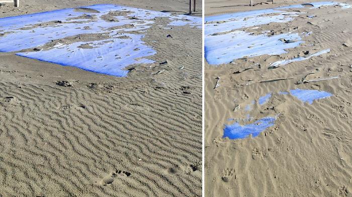 Marina di Grosseto, telo di plastica abbandonato sulla spiaggia. Una residente: &laquo;Rischia di inquinare&raquo;