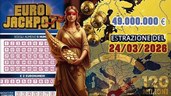 Eurojackpot, estrazione e numeri vincenti di oggi marted&igrave; 24 marzo. Il 5+2 vale 49 milioni